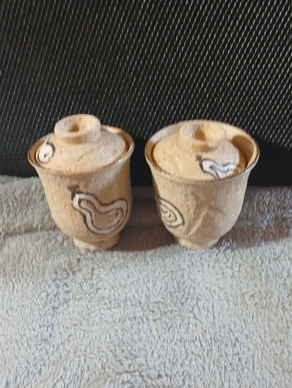 Vintage MCM Handmade Ceramic Lidded Cups - Earthy Beige Set of 2